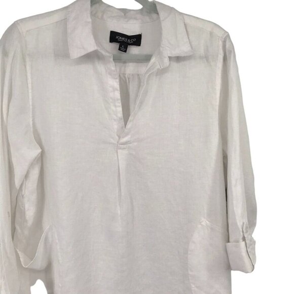 Jones & Co Womens White 100%  Linen  popover Top Size Large roll tab sleeve new - Picture 4 of 10